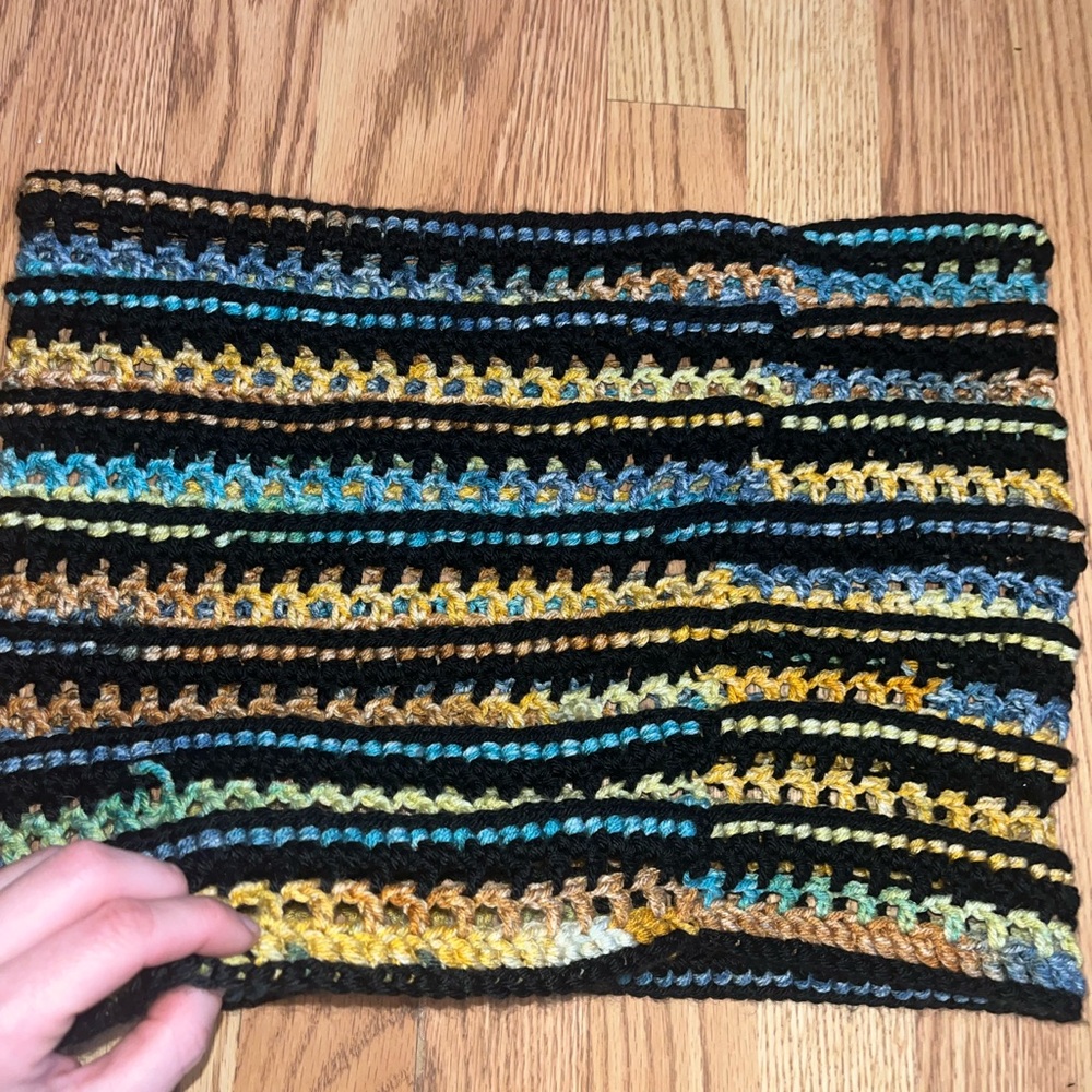 Handmade Crochet Stripe infinity scarf/wrap in Black, Yellow, Teal